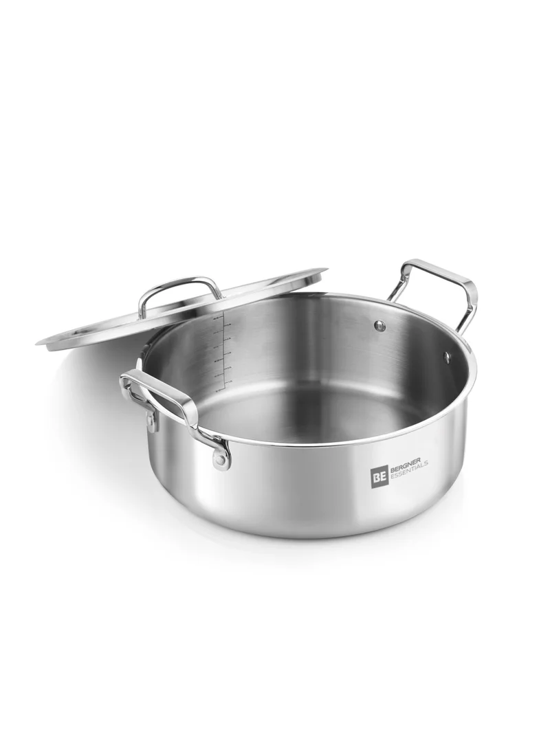بيرجنر Bergner Essentials 24cm (4L) Tri-Ply Stainless Steel Shallow Biryani Pan, Wide Cooking Pot with Steel Lid for Rice Pulao Curries, Less Oil Healthy Cooking, Even Heating, Gas & Induction Compatible